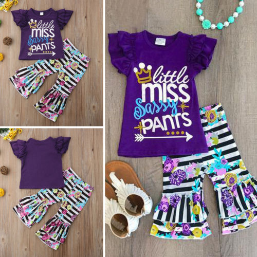 2PCS Toddler Girls Kids Ruffle T-Shirt + Floral Pants Leggings Outfits Clothes