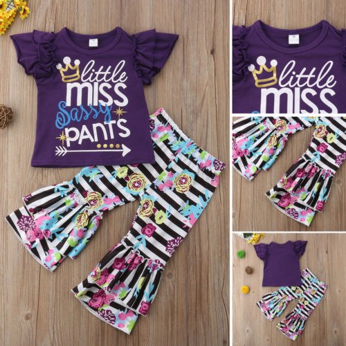 2PCS Toddler Girls Kids Ruffle T-Shirt + Floral Pants Leggings Outfits Clothes